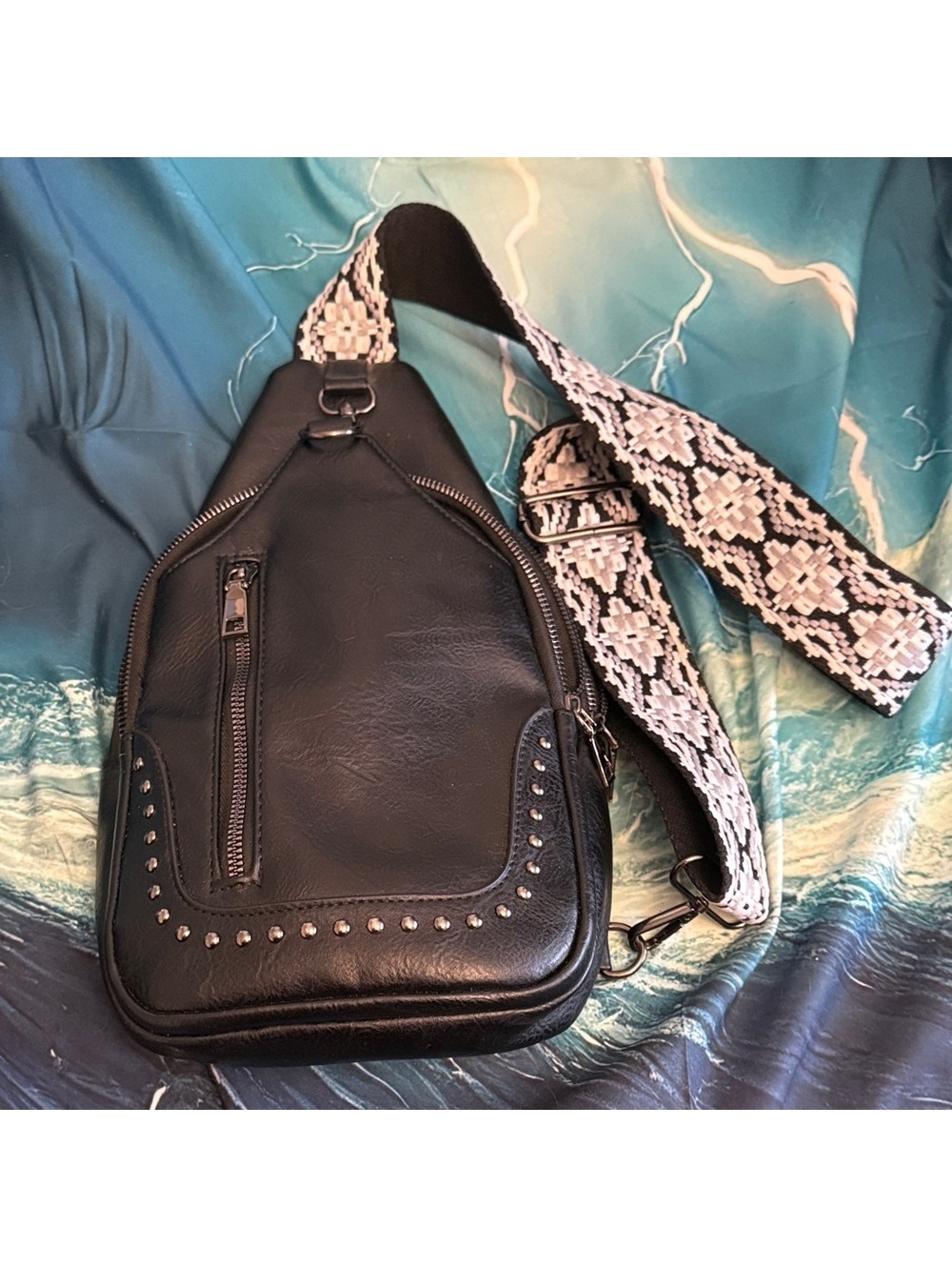 Black Studded Crossbody Sling Bag with Woven Strap